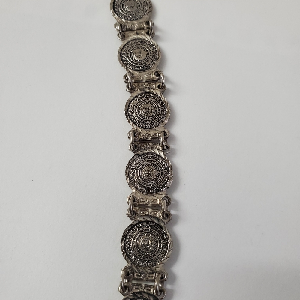 Vintage Sterling Silver 925 Bracelet with Aztec Calendar Medallion Design